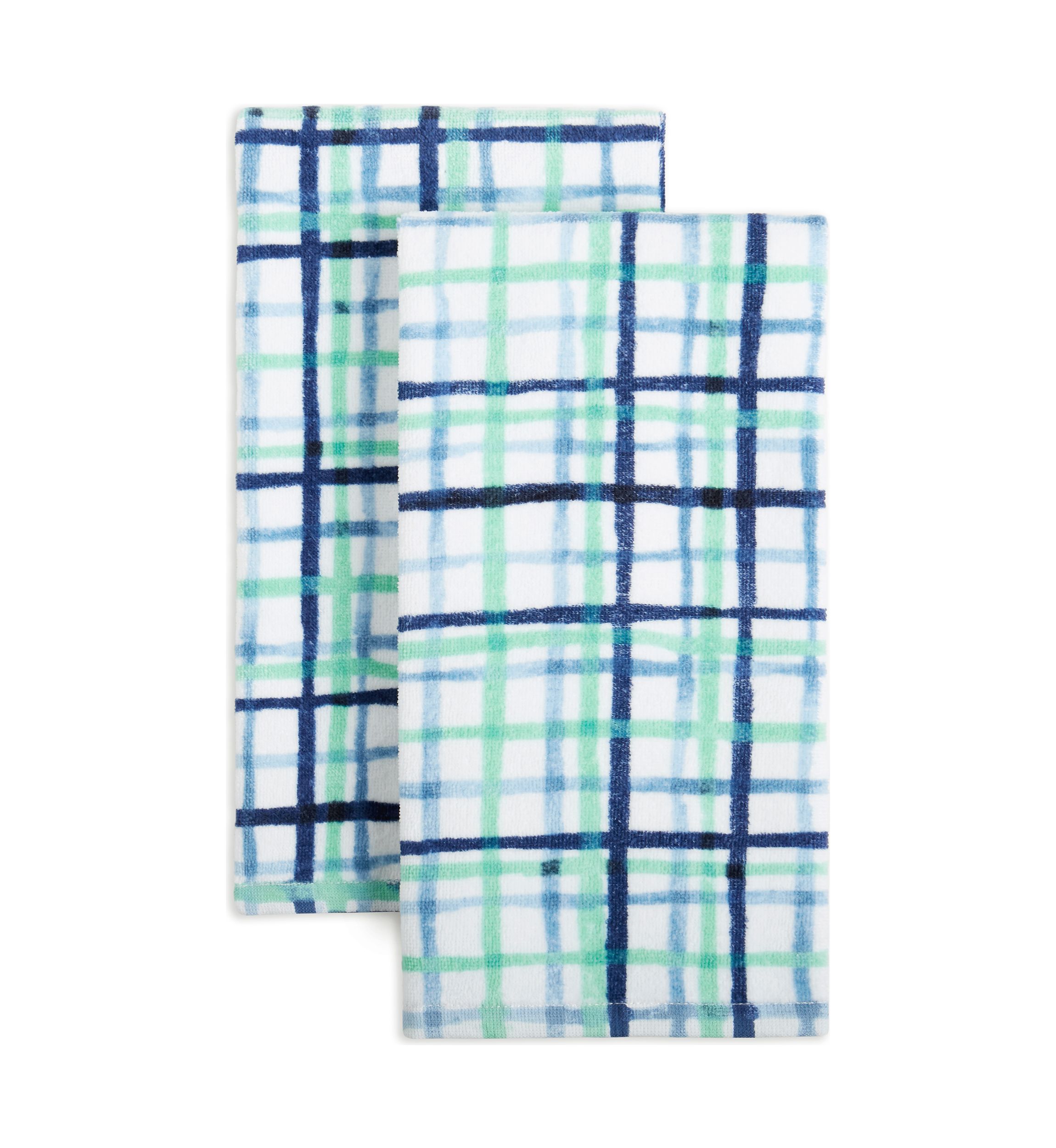 Watercolor Plaid Kitchen Towel 2-Pack Set, Blue/Aqua/White, 16"x28"