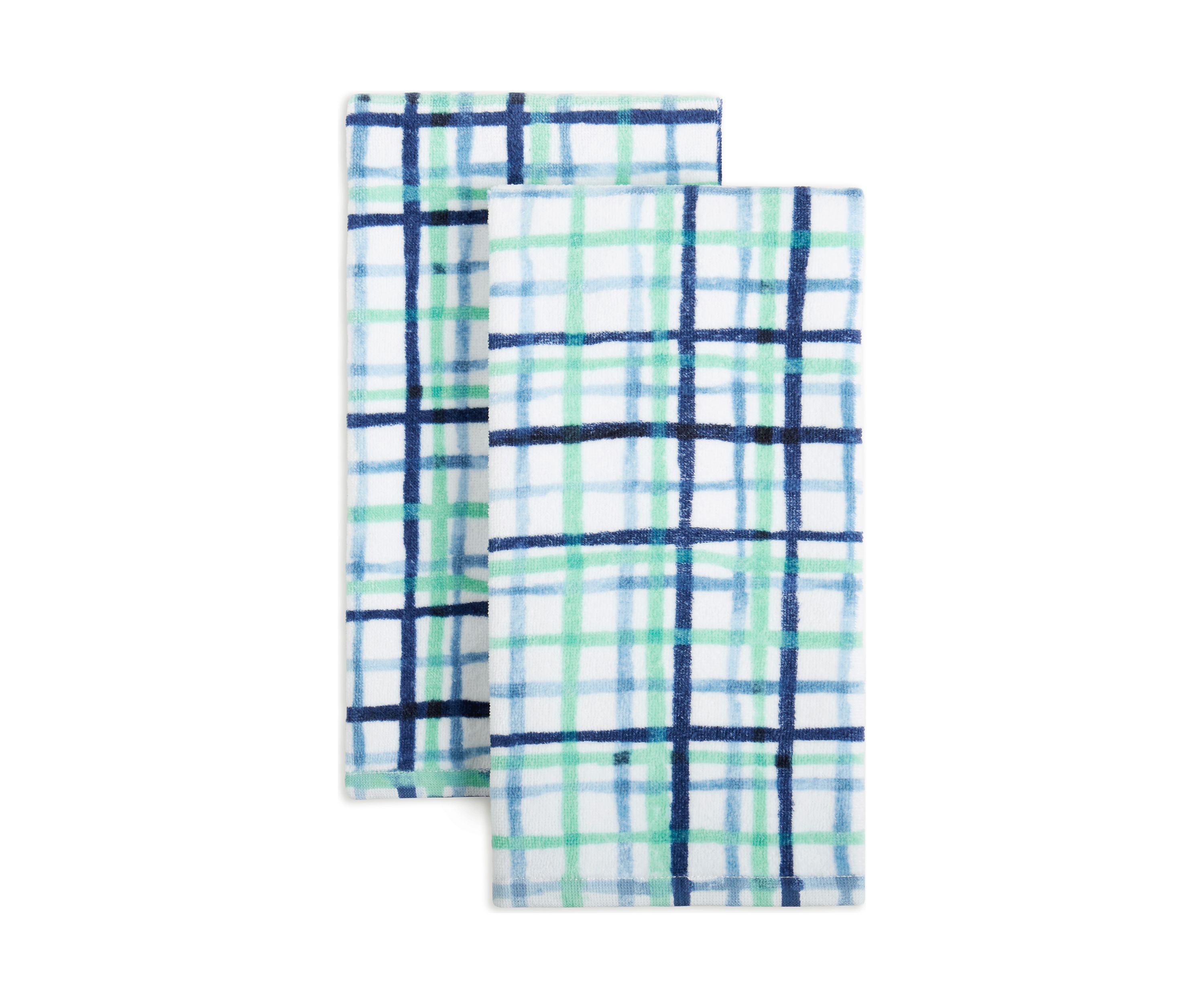 Watercolor Plaid Kitchen Towel 2-Pack Set, Blue/Aqua/White, 16"x28"