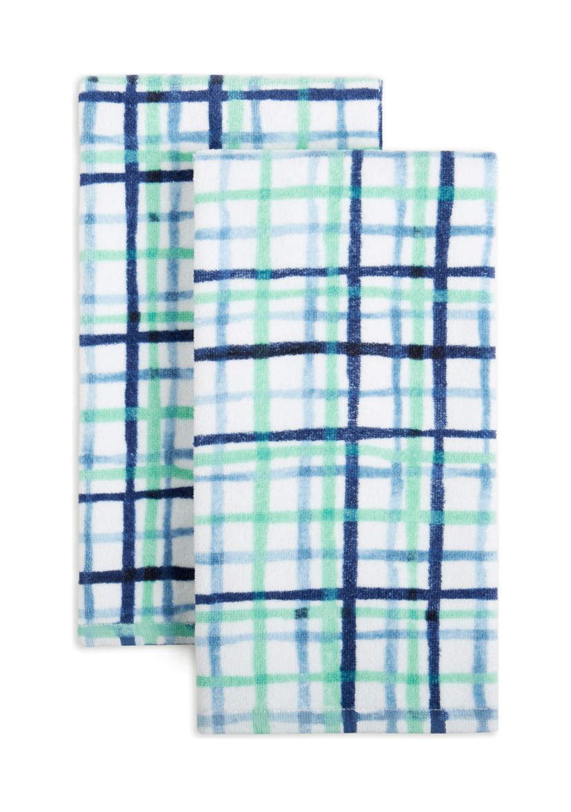 Watercolor Plaid Kitchen Towel 2-Pack Set, Blue/Aqua/White, 16"x28"