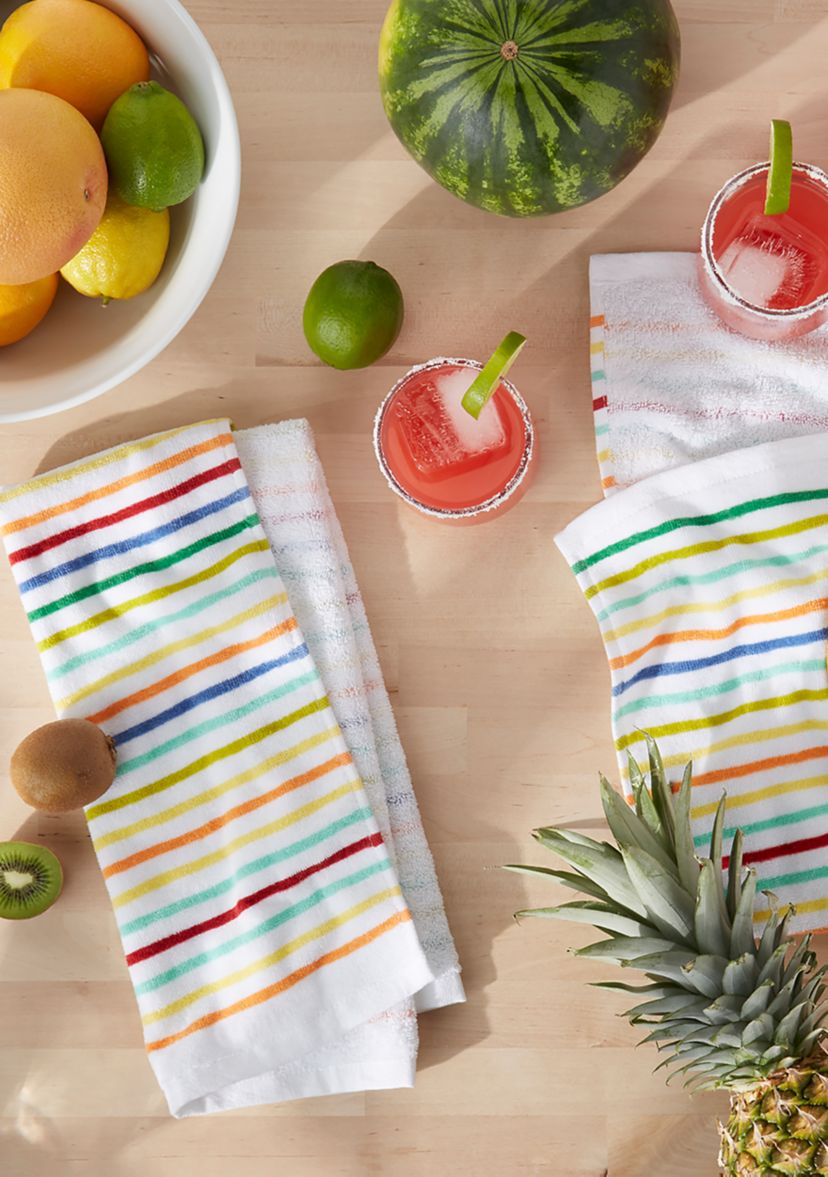 Tropical Stripe Kitchen Towel 2-Pack Set, Aqua/Yellow/Red, 16"x28"
