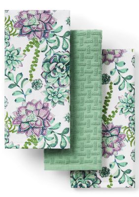 TOWN & COUNTRY LIVING Succulents Kitchen Towel 3-Pack Set, Green/Purple/White, 16"x28"