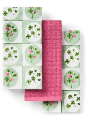 TOWN & COUNTRY LIVING Clover Windows Kitchen Towel 3-Pack Set, White/Green/Pink, 16"x28"