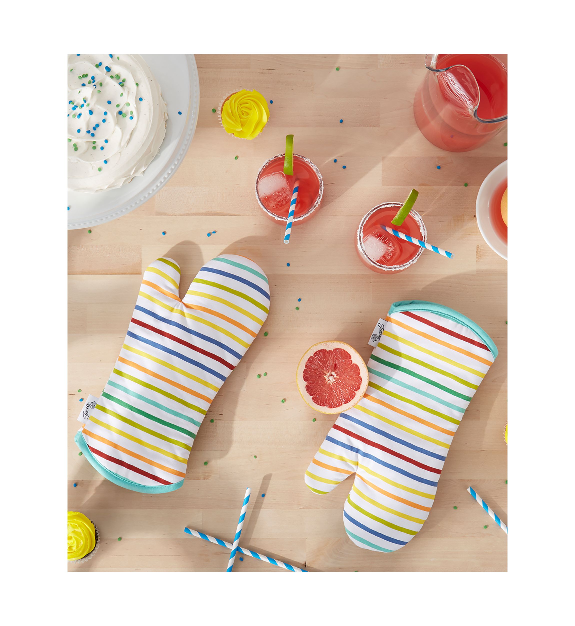 Tropical Stripe Oven Mitt 2-Pack Set, Aqua/Yellow/Red, 7"x13"