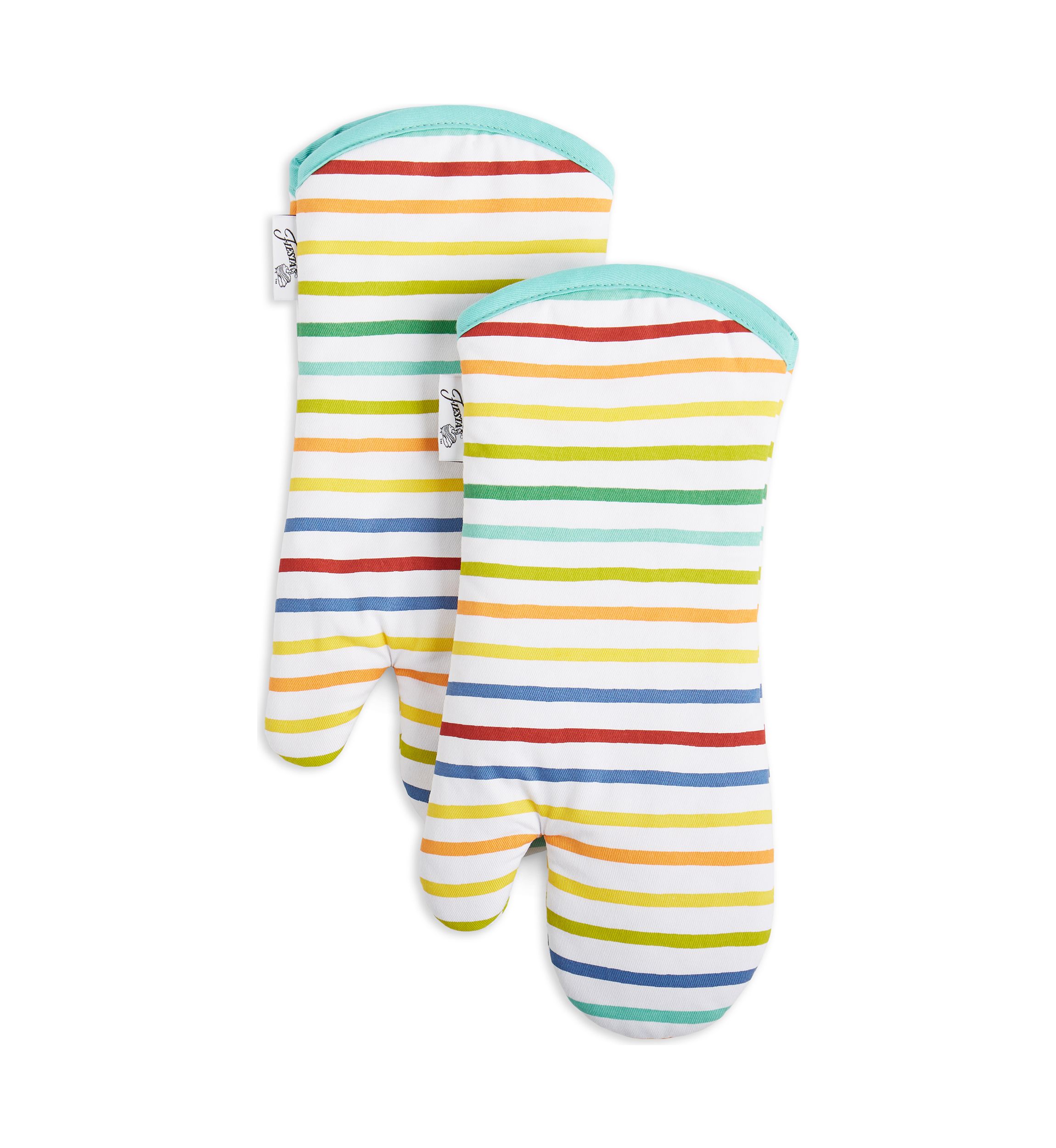 Tropical Stripe Oven Mitt 2-Pack Set, Aqua/Yellow/Red, 7"x13"