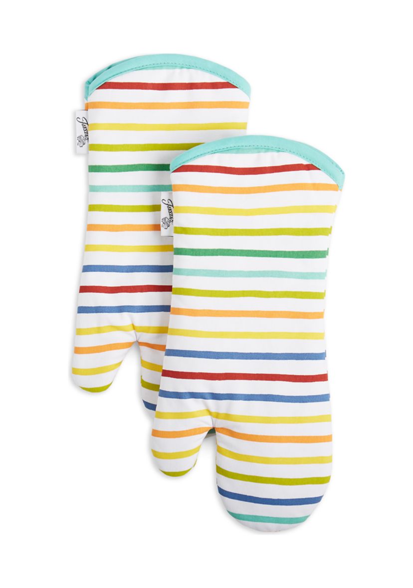 Tropical Stripe Oven Mitt 2-Pack Set, Aqua/Yellow/Red, 7"x13"