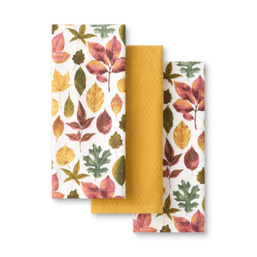 Autumn Harvest Falling Leaves Kitchen Towel Set Tan/Red/Green