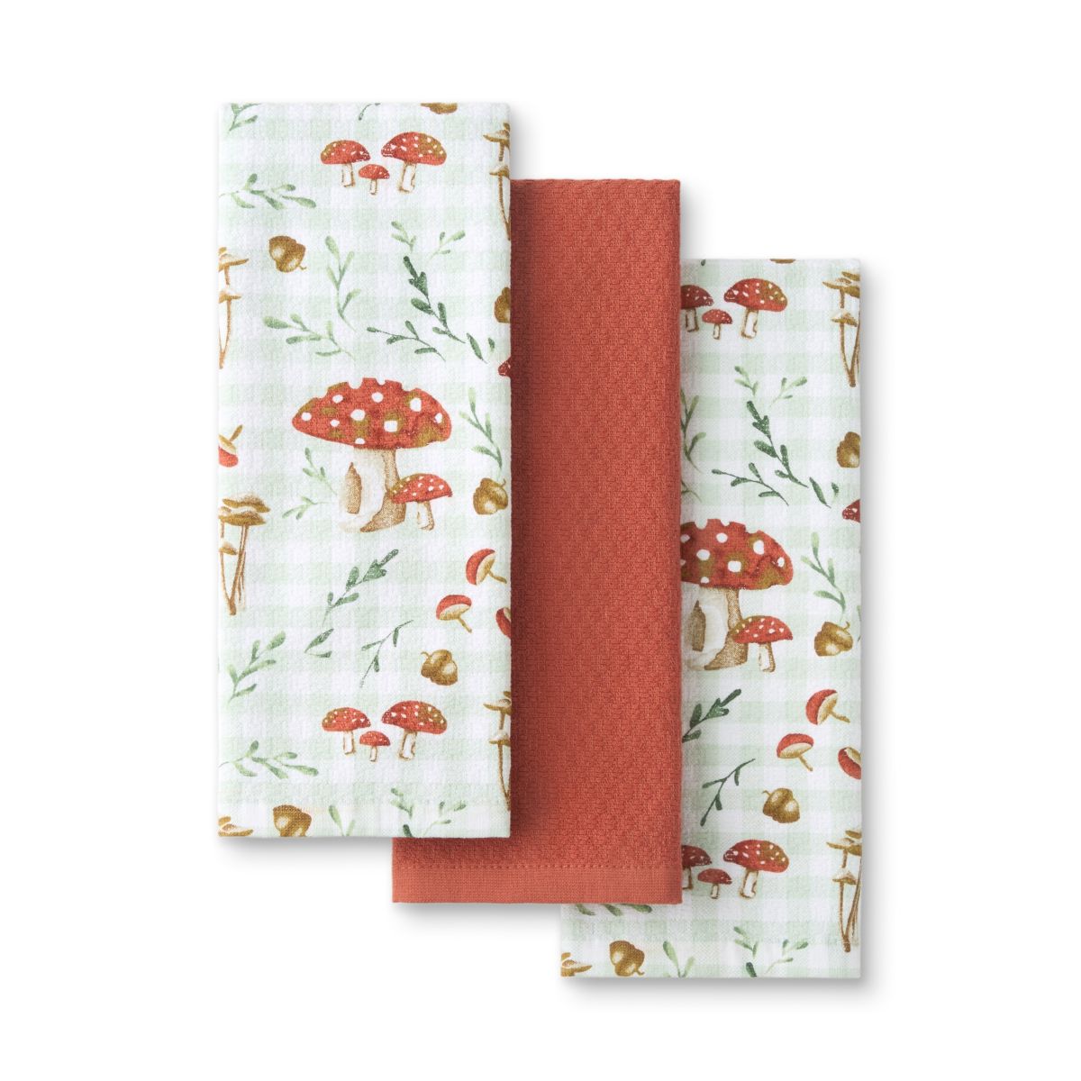 Autumn Harvest Mushroom Plaid Kitchen Towel Set Burnt Orange/Green/White