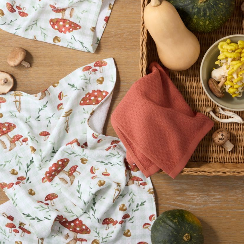 Autumn Harvest Mushroom Plaid Kitchen Towel Set Burnt Orange/Green/White