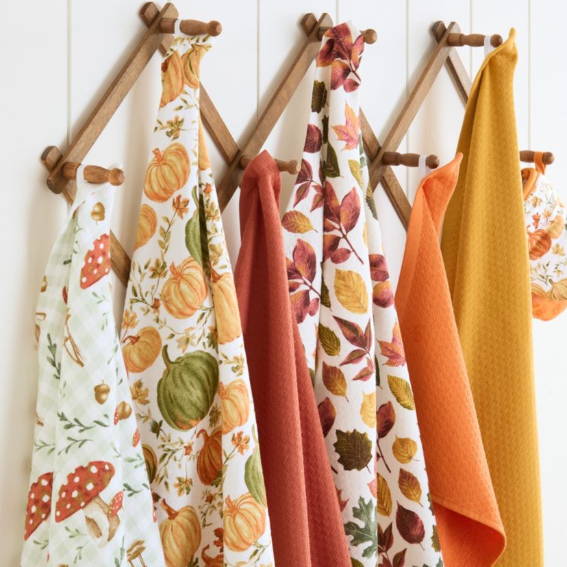 Autumn Harvest Mushroom Plaid Kitchen Towel Set Burnt Orange/Green/White