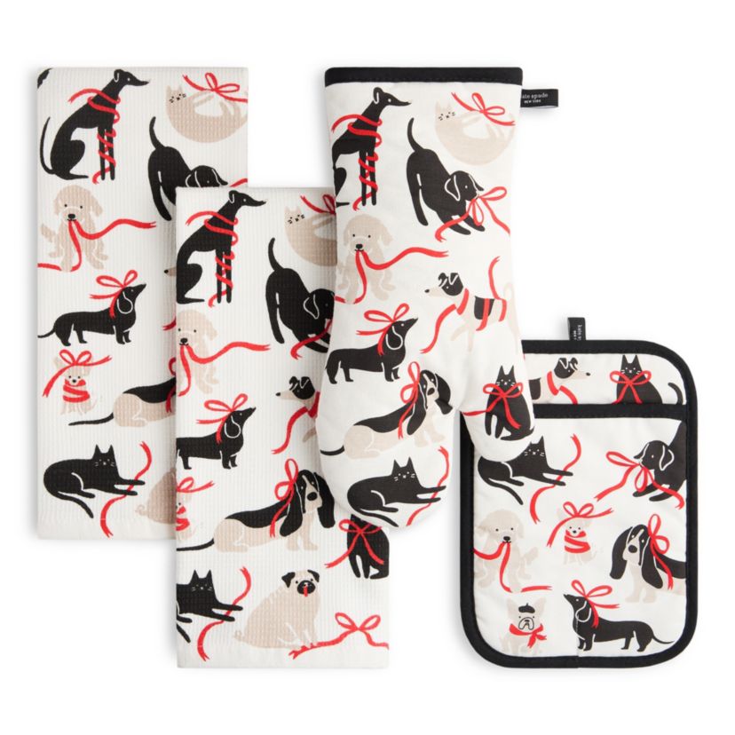 Holiday Pets Black/White/Red Kitchen Towels, Oven Mitt, and Pot Holder Set 