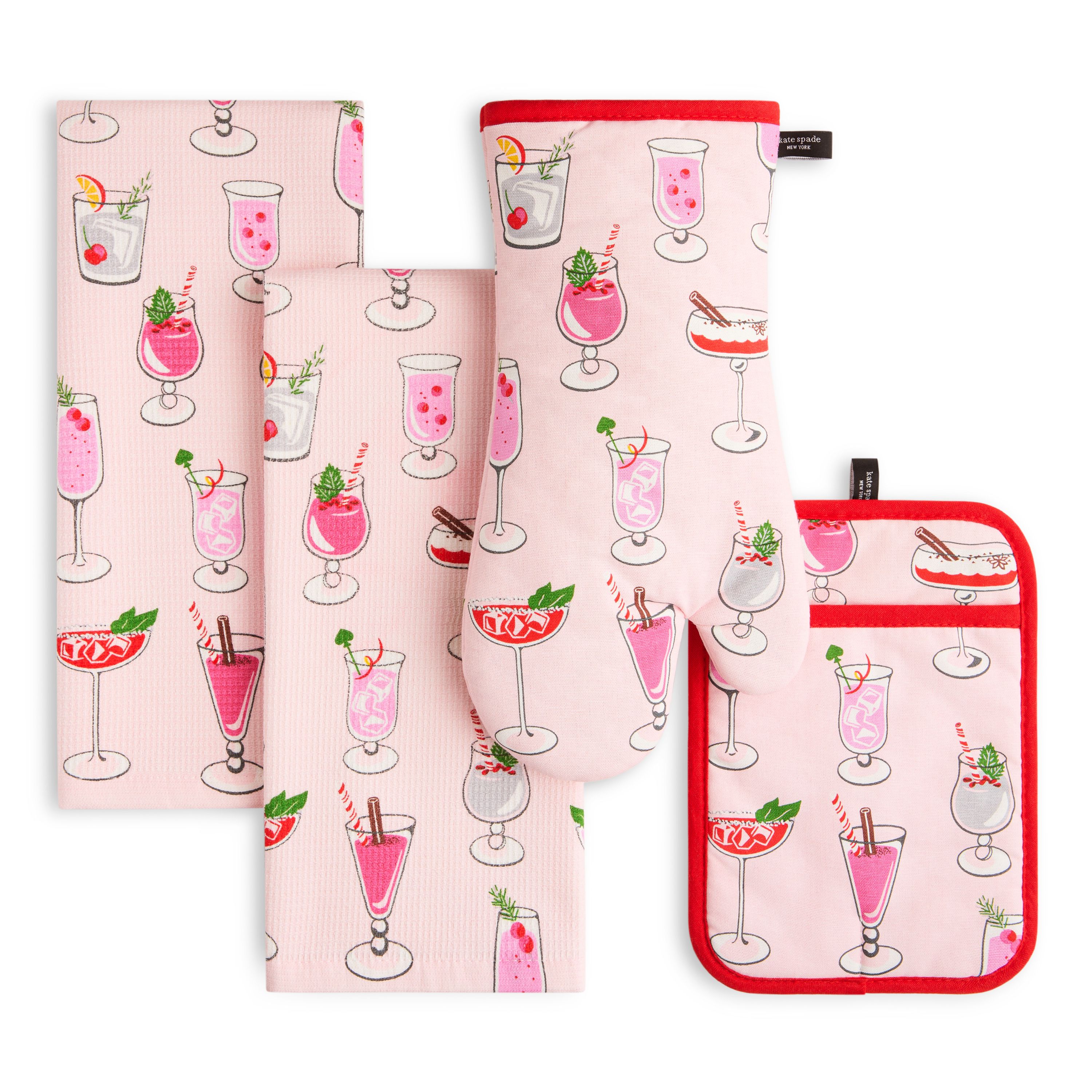 Holiday Cocktails Red/Pink/Green Kitchen Towels, Oven Mitt, and Pot Holder Set 