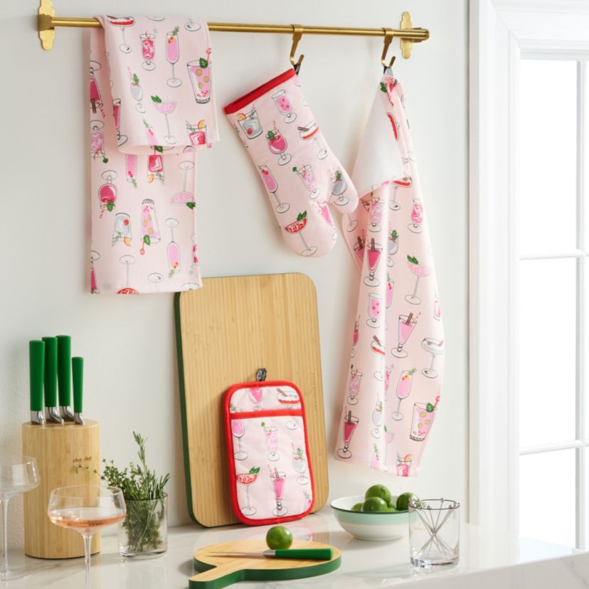 Holiday Cocktails Red/Pink/Green Kitchen Towels, Oven Mitt, and Pot Holder Set 