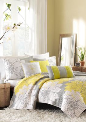 Madison Park Lola Gray Yellow 6 Piece Full Queen Coverlet Set 90