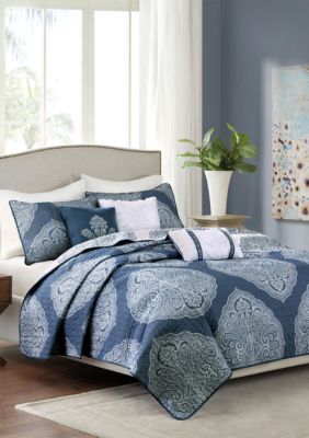 Madison Park Rachel 6 Piece Reversible Quilted Navy Coverlet Set