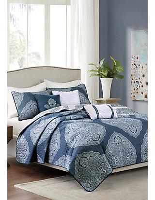 Madison Park Rachel 6 Piece Reversible Quilted Navy Coverlet Set