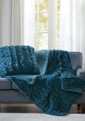 Madison Park Ruched Fur Throw, Teal, 50 x 60