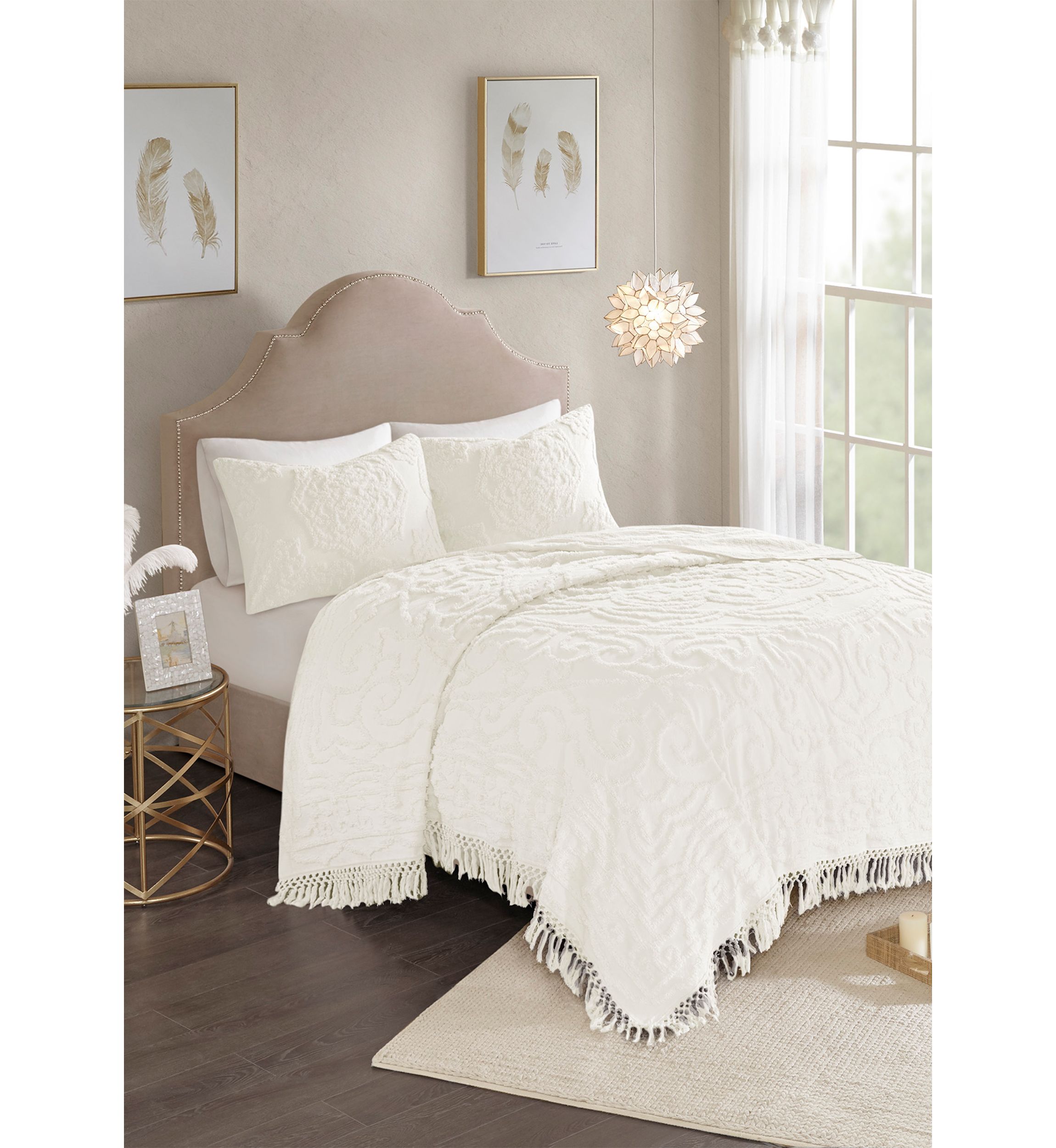 Laetitia 3 Piece Tufted Cotton Chenille Medallion Fringe Coverlet Set
