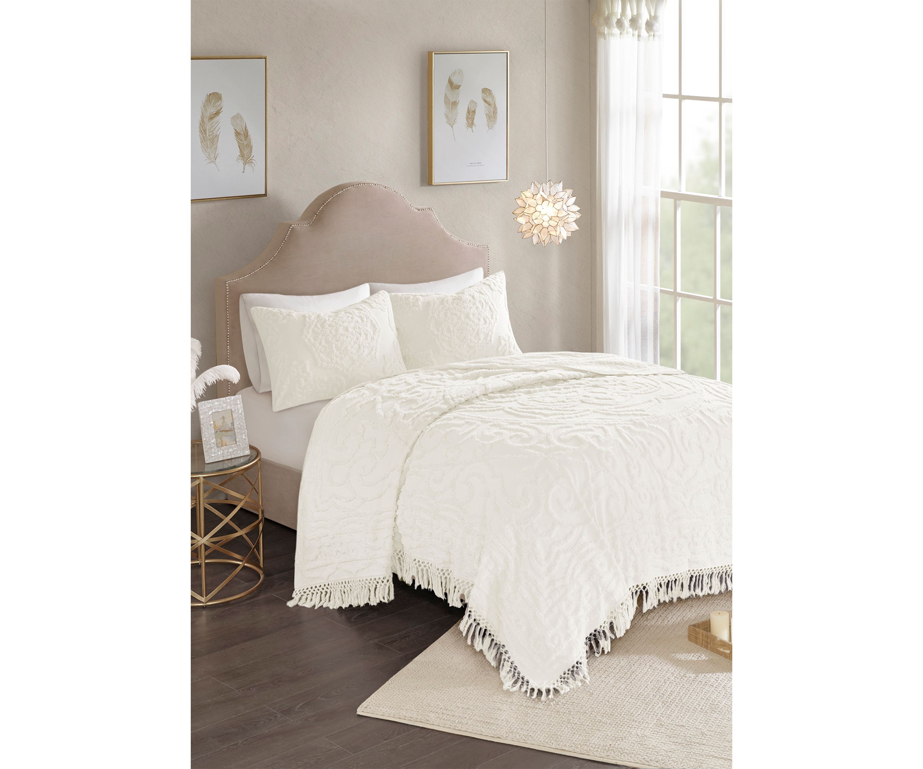 Laetitia 3 Piece Tufted Cotton Chenille Medallion Fringe Coverlet Set