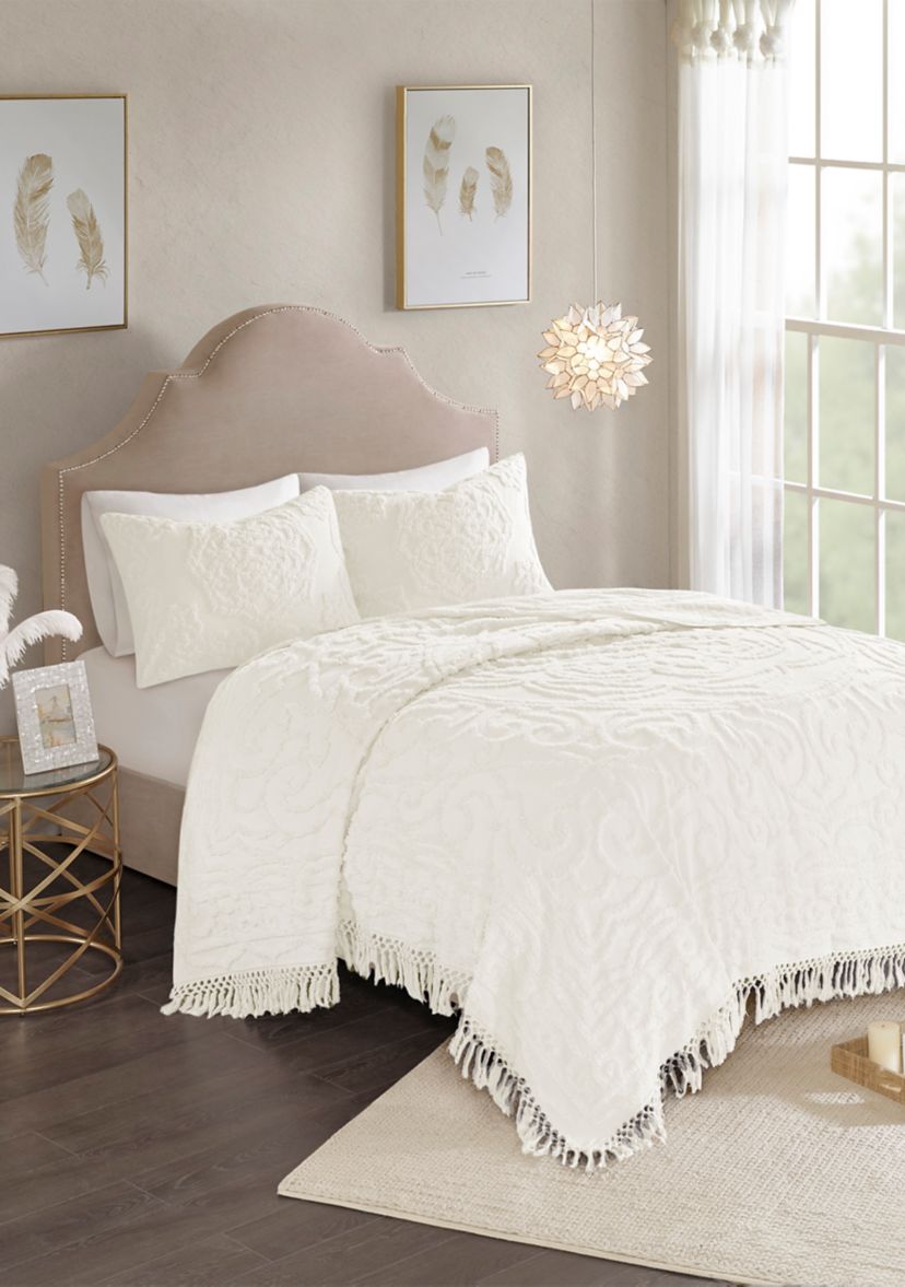 Laetitia 3 Piece Tufted Cotton Chenille Medallion Fringe Coverlet Set
