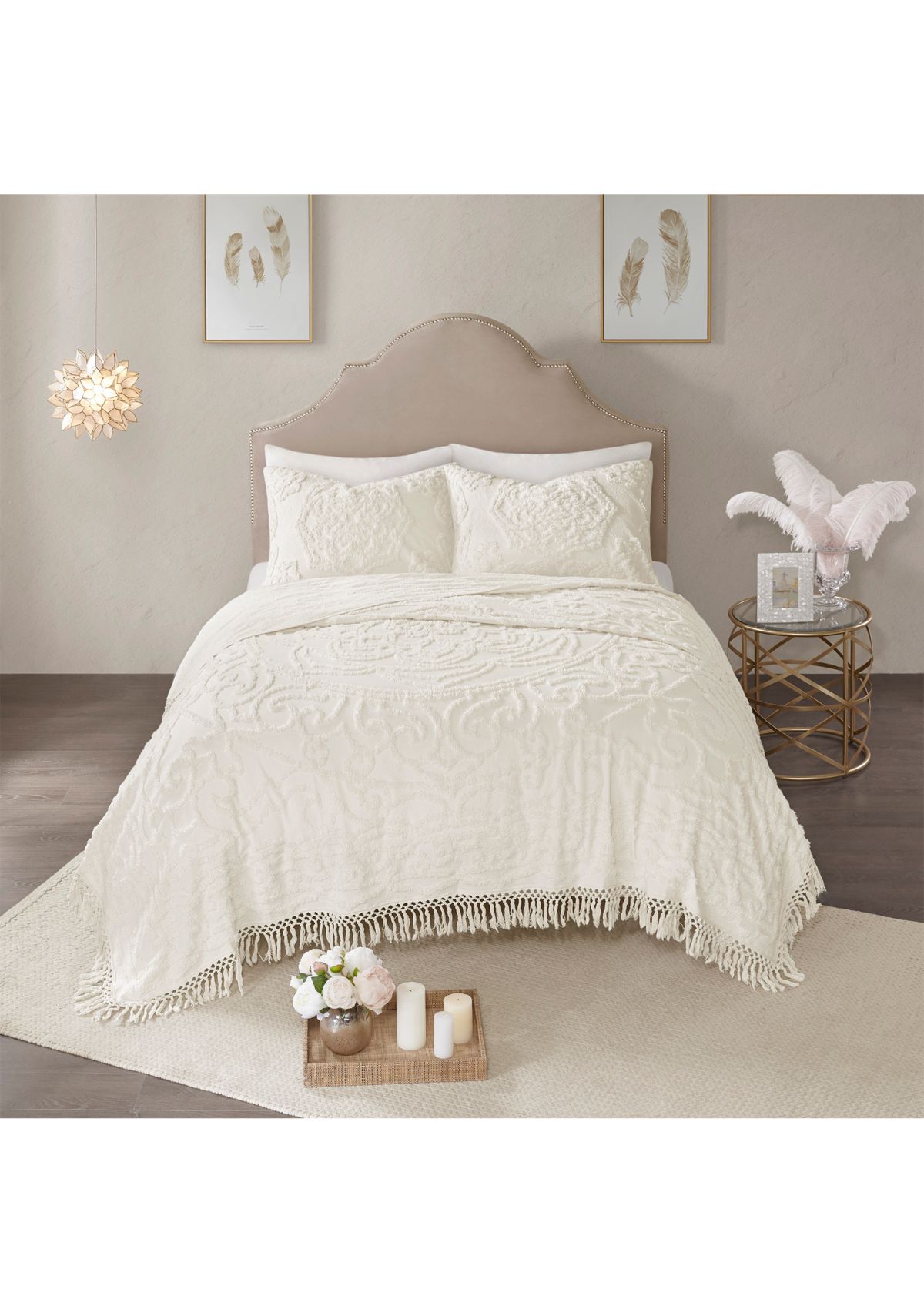 Laetitia 3 Piece Tufted Cotton Chenille Medallion Fringe Coverlet Set