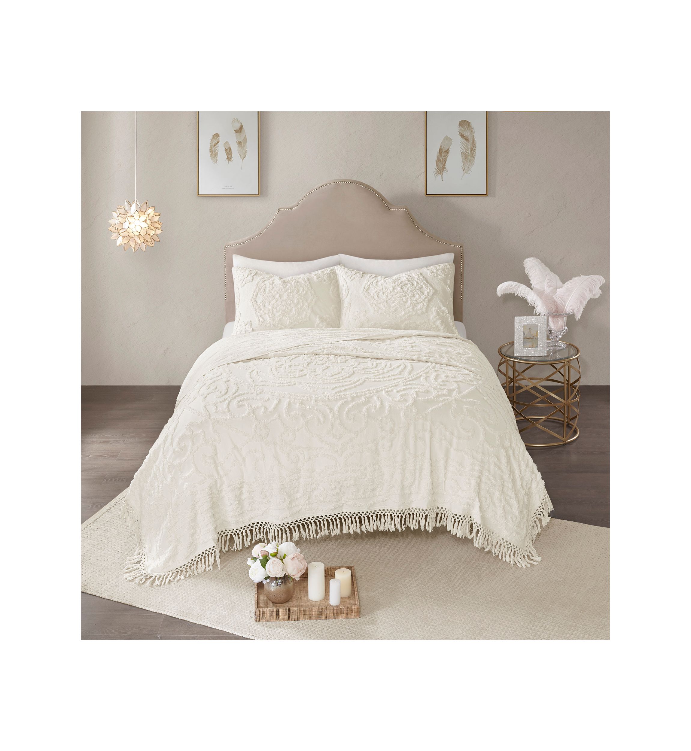 Laetitia 3 Piece Tufted Cotton Chenille Medallion Fringe Coverlet Set