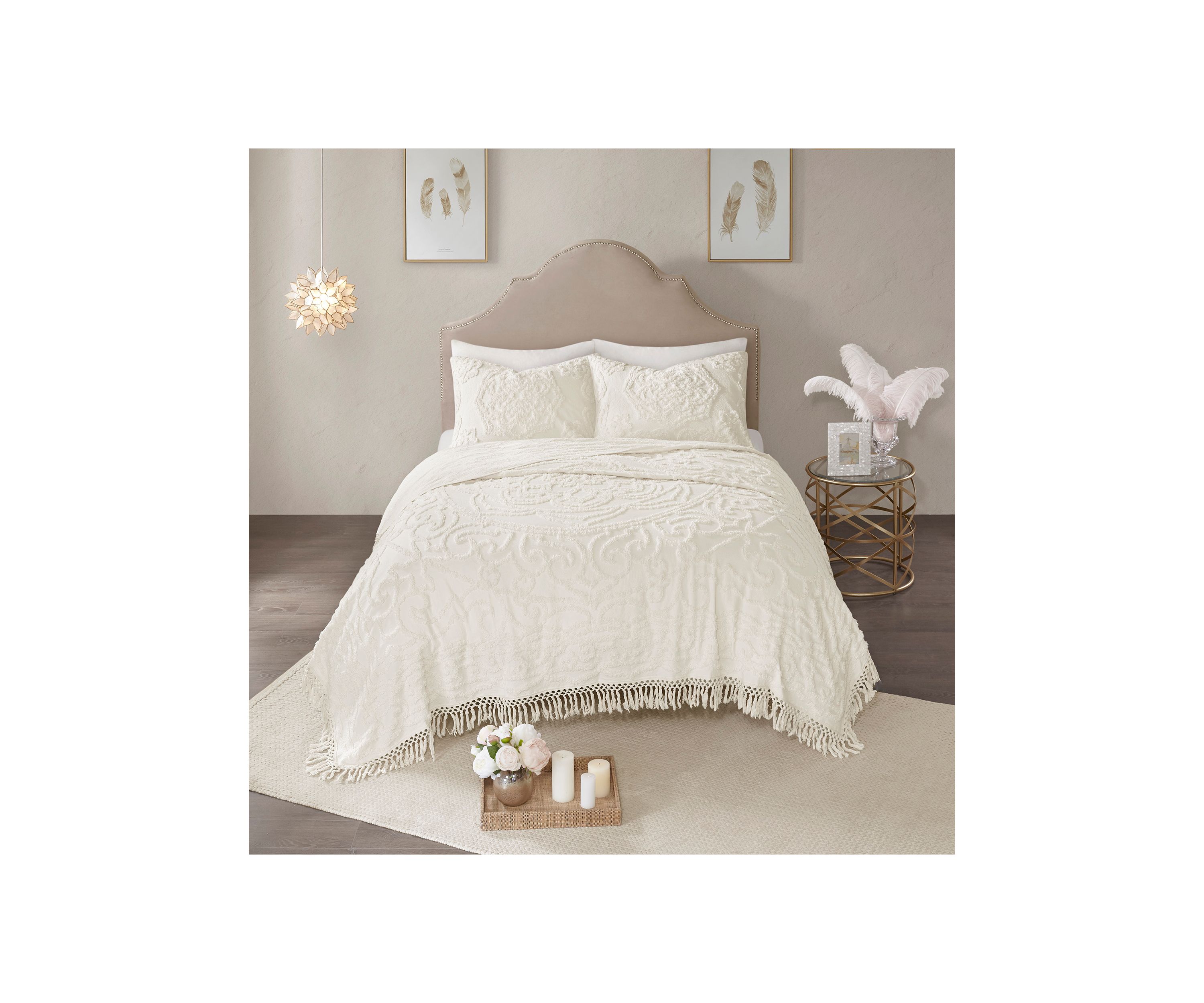 Laetitia 3 Piece Tufted Cotton Chenille Medallion Fringe Coverlet Set