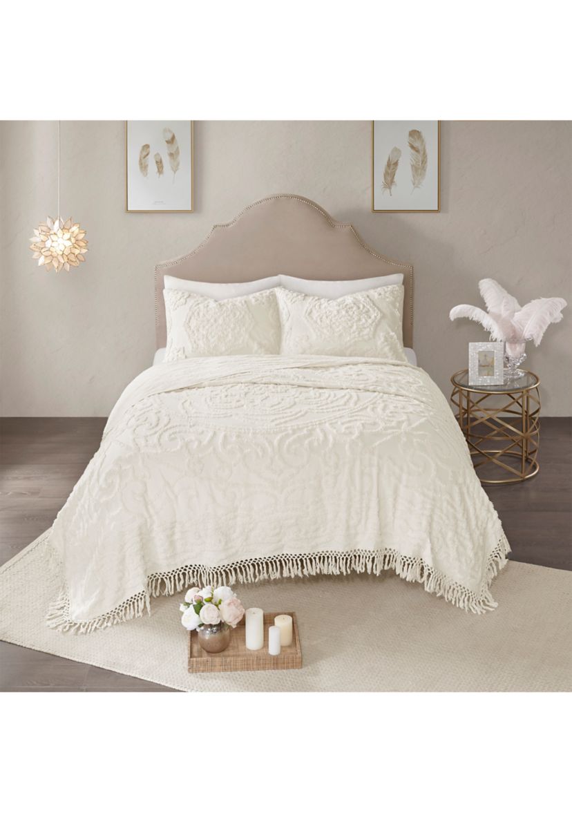 Laetitia 3 Piece Tufted Cotton Chenille Medallion Fringe Coverlet Set