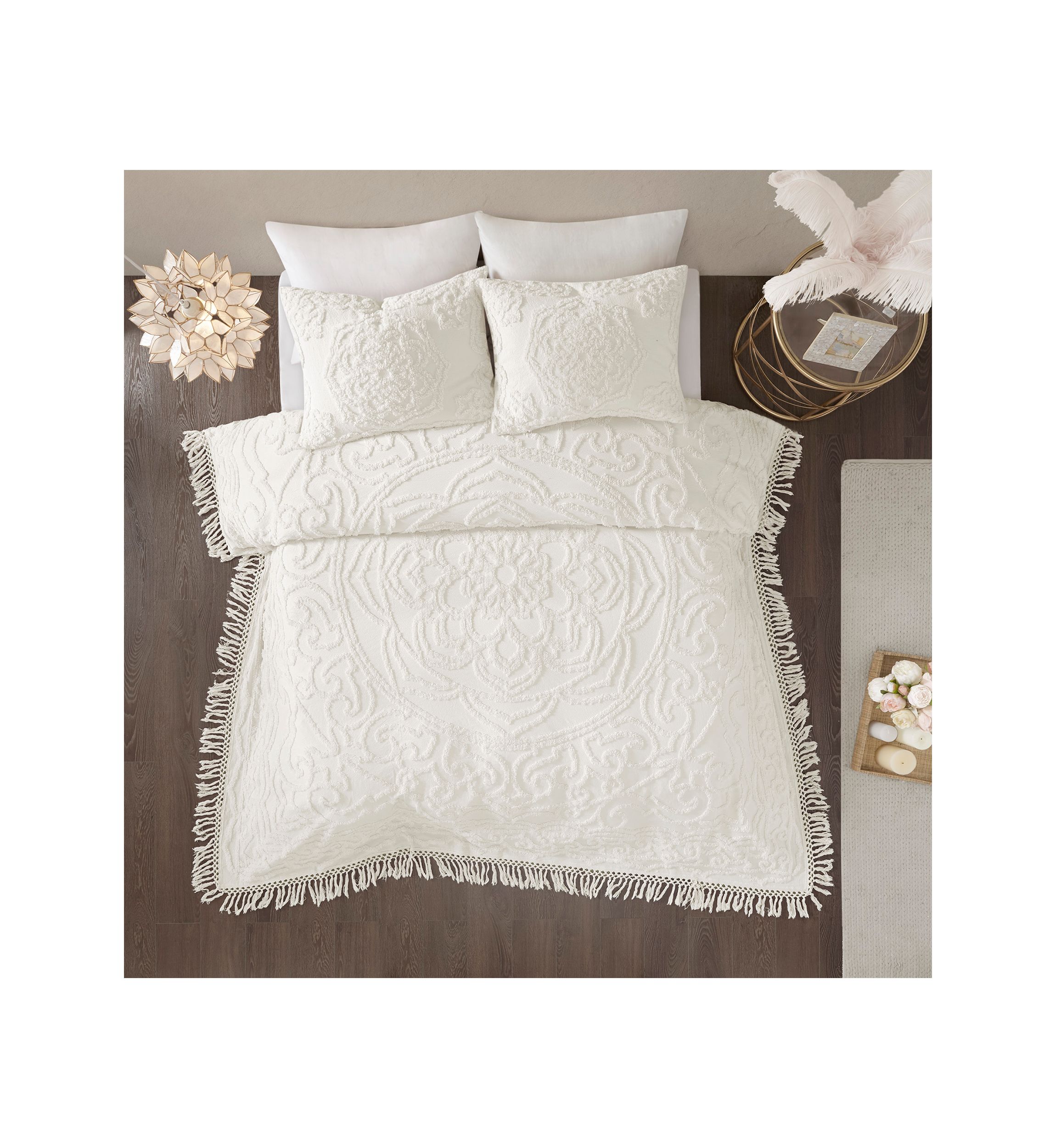 Laetitia 3 Piece Tufted Cotton Chenille Medallion Fringe Coverlet Set