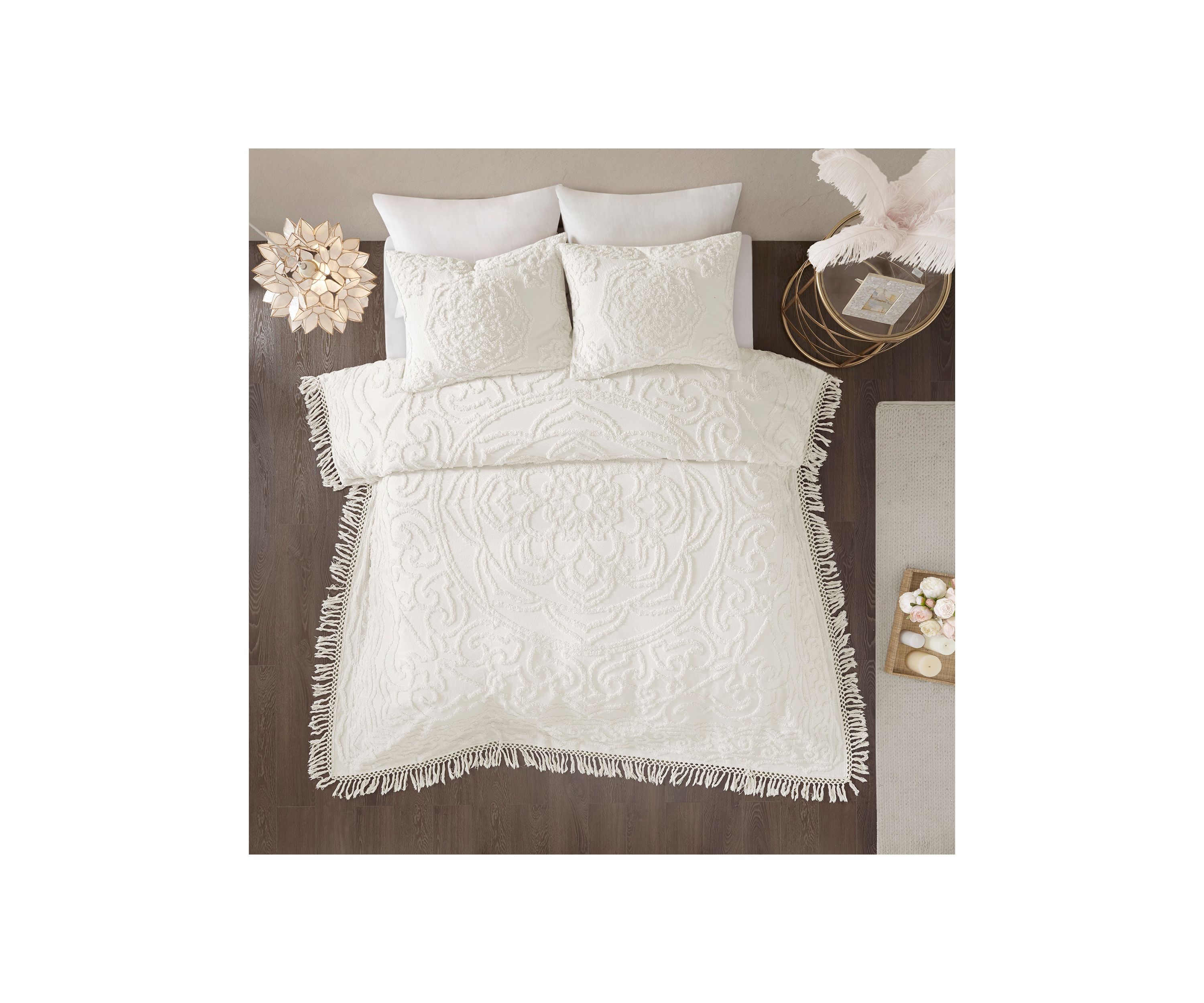 Laetitia 3 Piece Tufted Cotton Chenille Medallion Fringe Coverlet Set