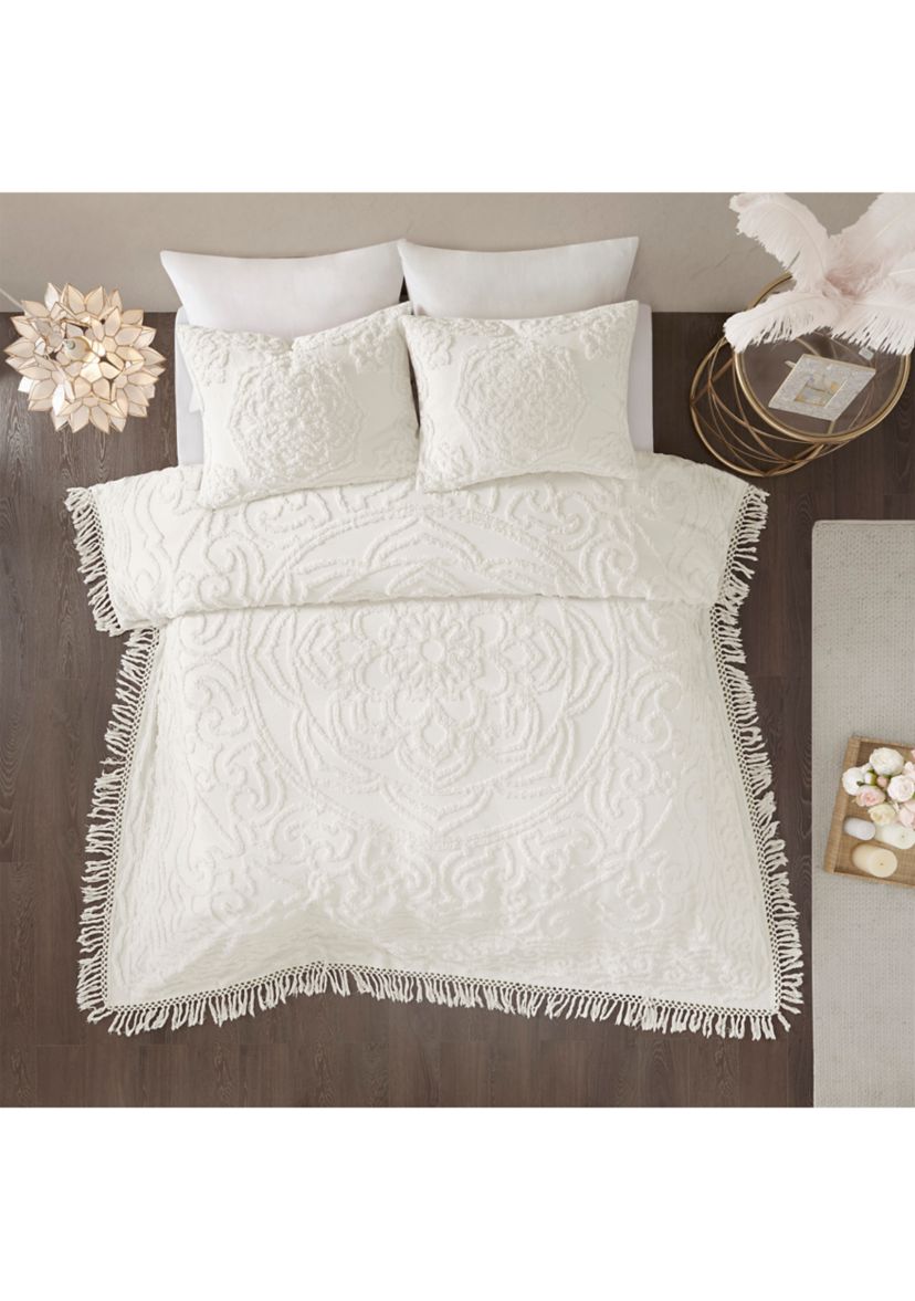 Laetitia 3 Piece Tufted Cotton Chenille Medallion Fringe Coverlet Set