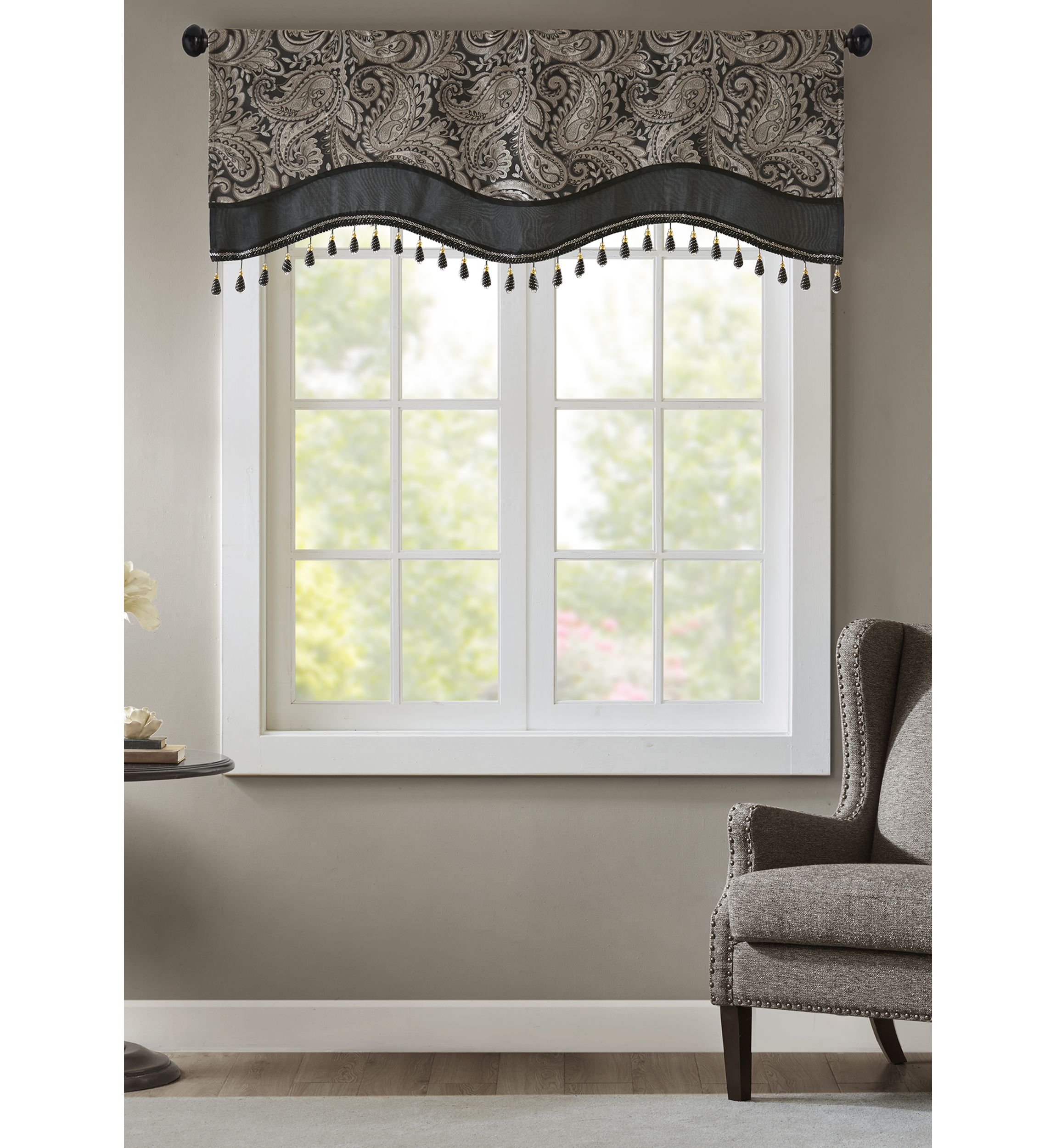 Aubrey Jacquard Window Rod Pocket Valance with Beads