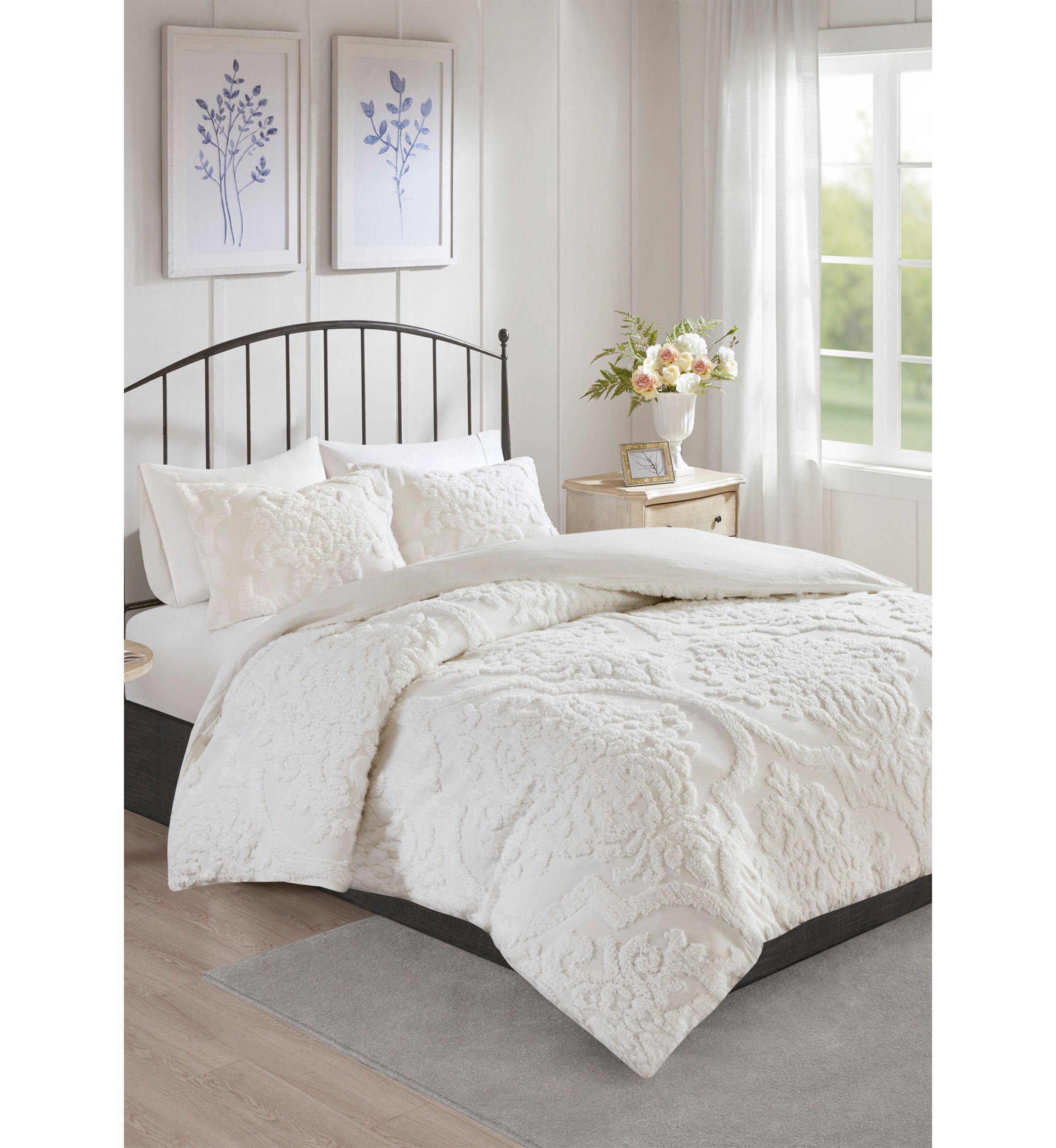 Viola 3 piece Tufted Cotton Chenille Damask Duvet Cover Set