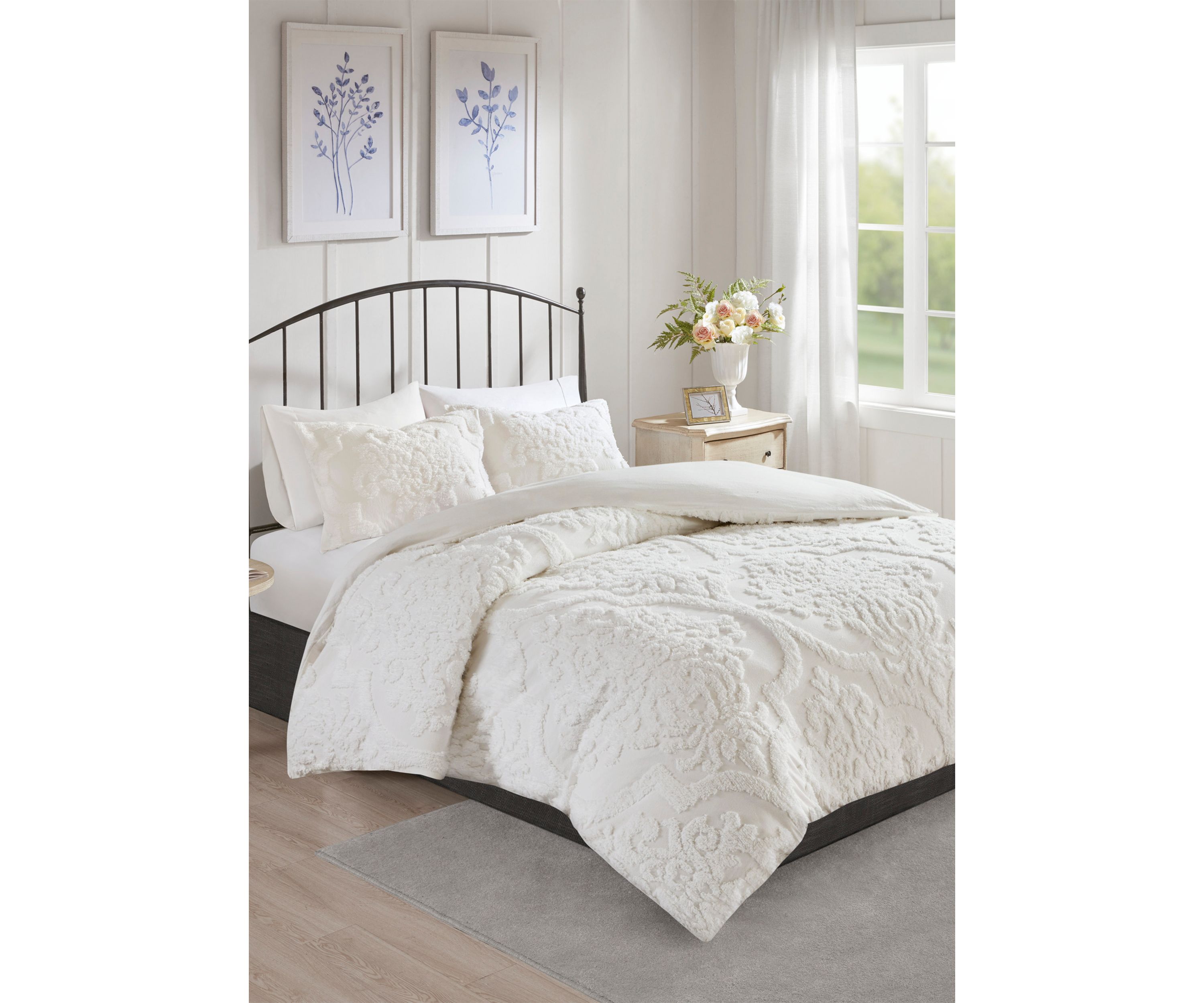Viola 3 piece Tufted Cotton Chenille Damask Duvet Cover Set