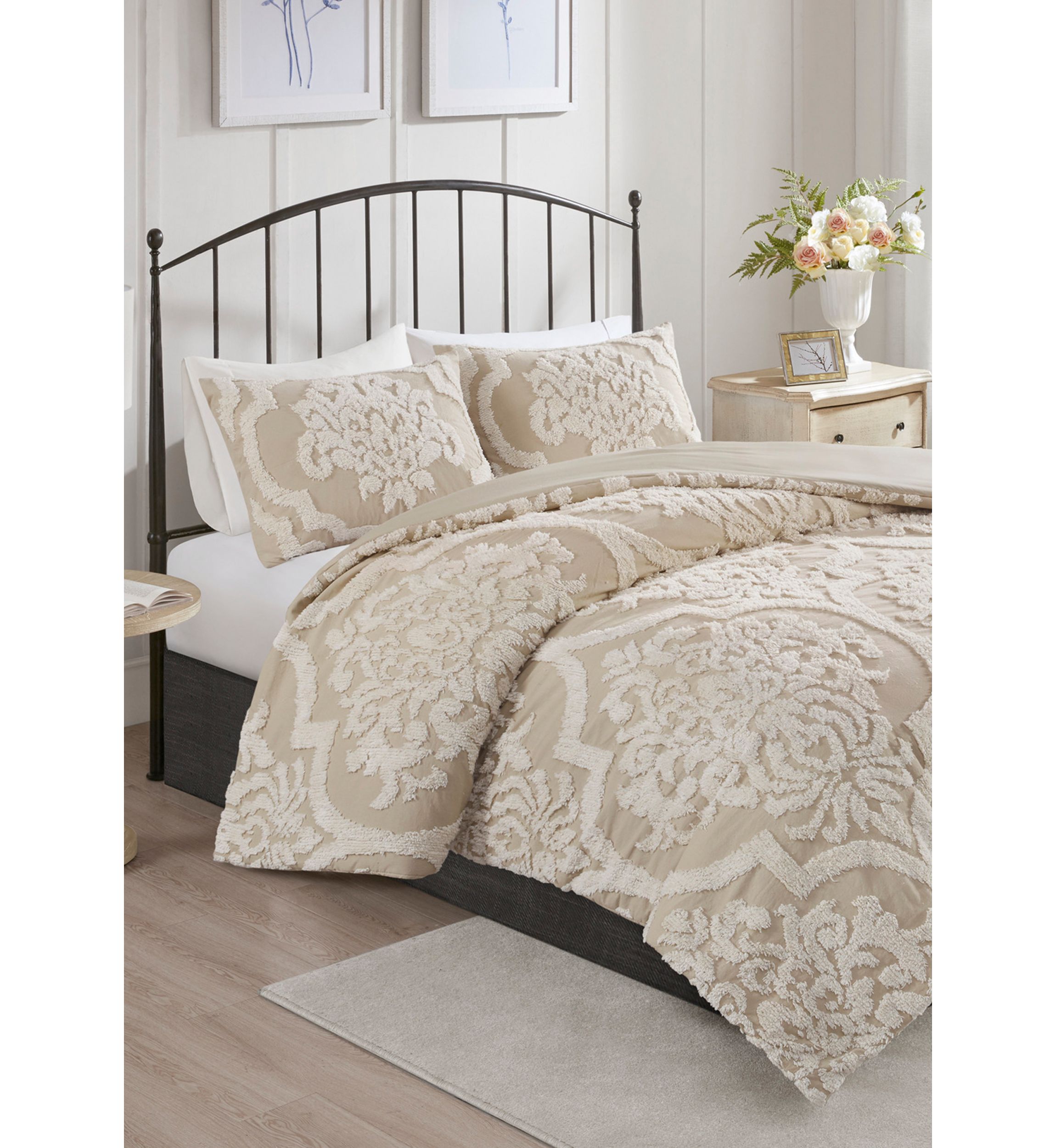 Viola 3 piece Tufted Cotton Chenille Damask Duvet Cover Set