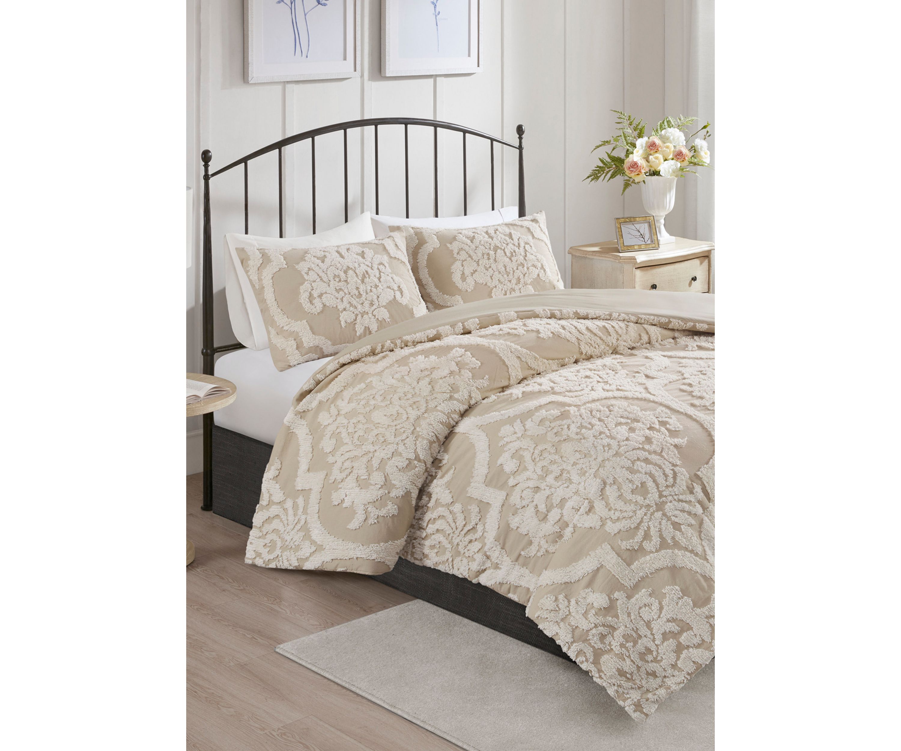 Viola 3 piece Tufted Cotton Chenille Damask Duvet Cover Set