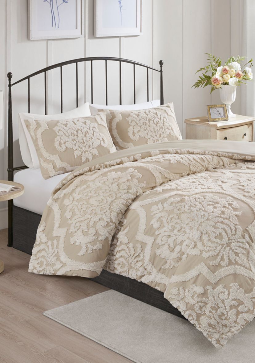 Viola 3 piece Tufted Cotton Chenille Damask Duvet Cover Set