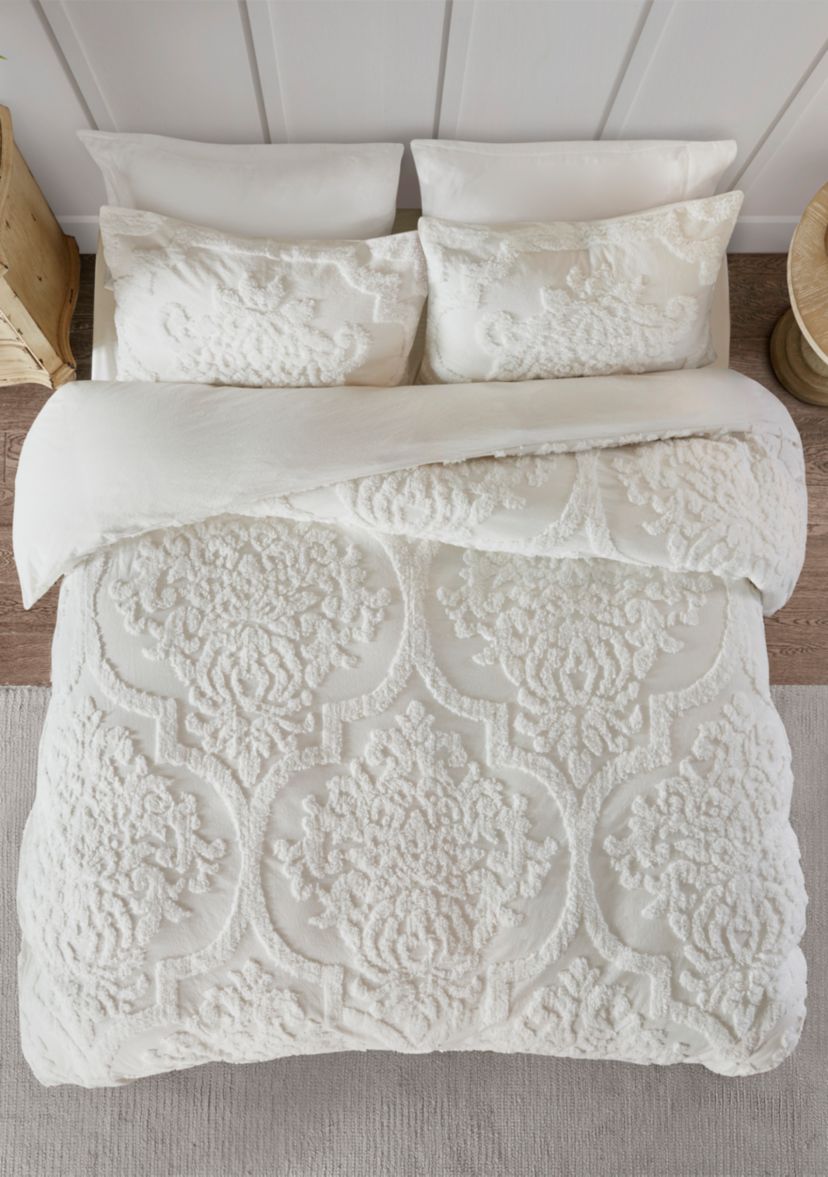Viola 3 piece Tufted Cotton Chenille Damask Duvet Cover Set