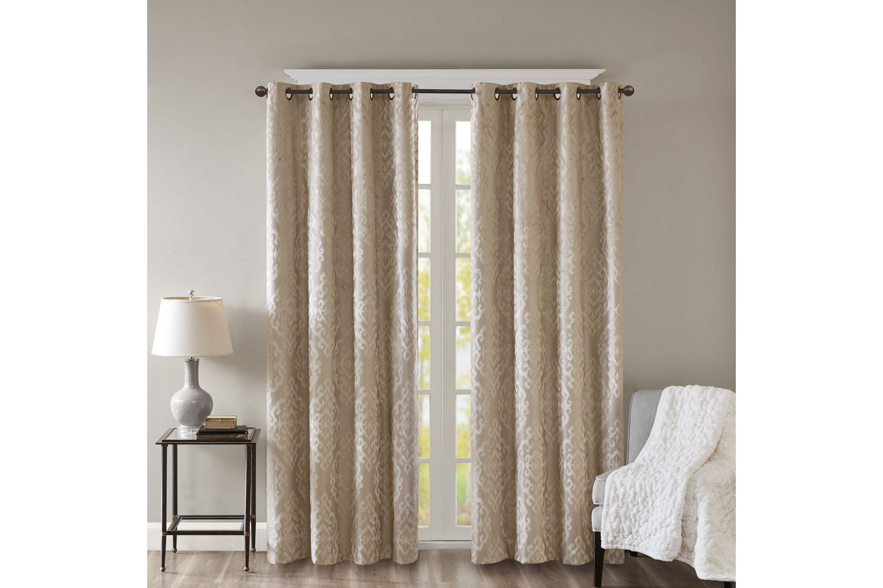 Mirage Knitted Jacquard Damask Total Blackout Grommet Top Curtain Panel Pairs