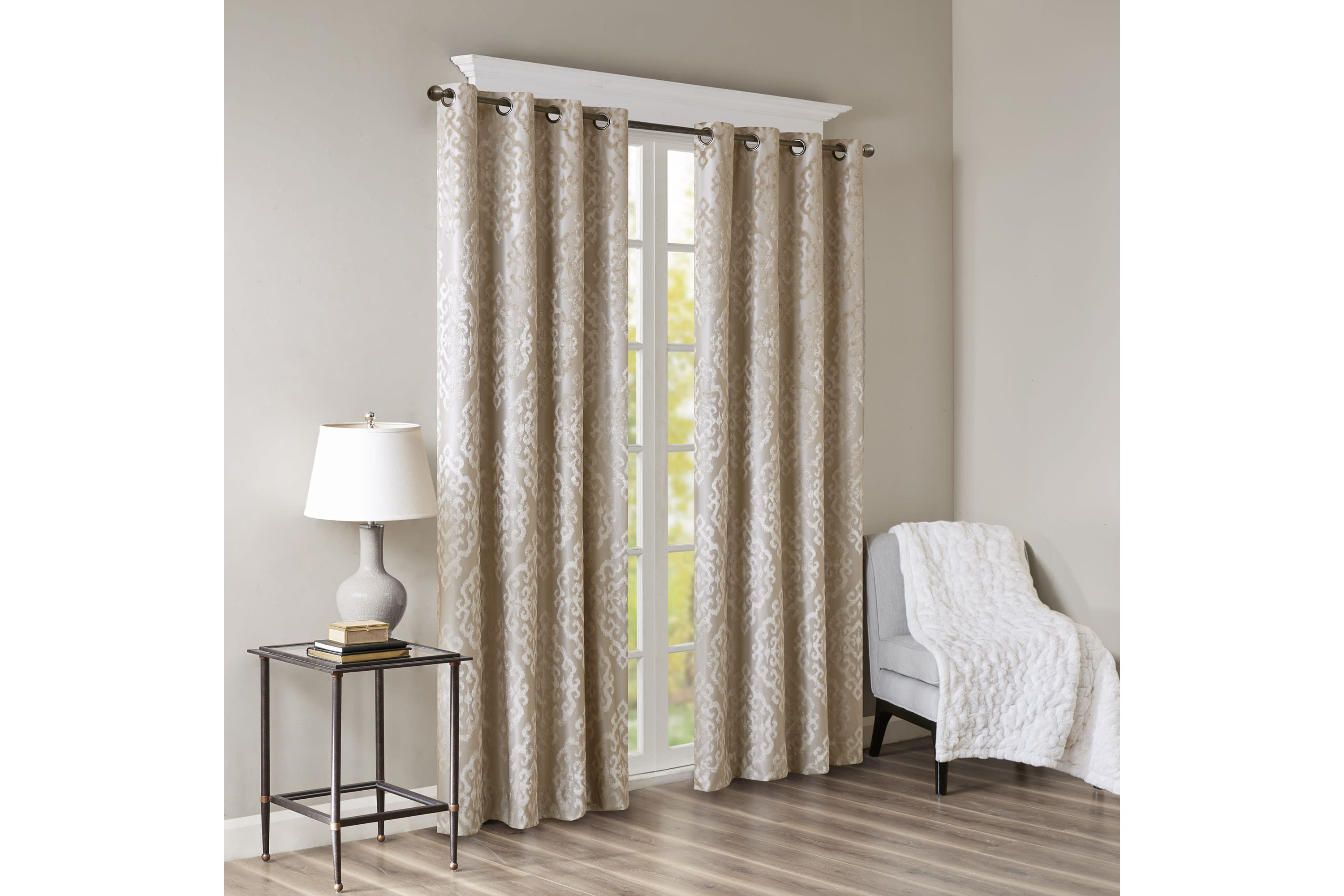 Mirage Knitted Jacquard Damask Total Blackout Grommet Top Curtain Panel Pairs