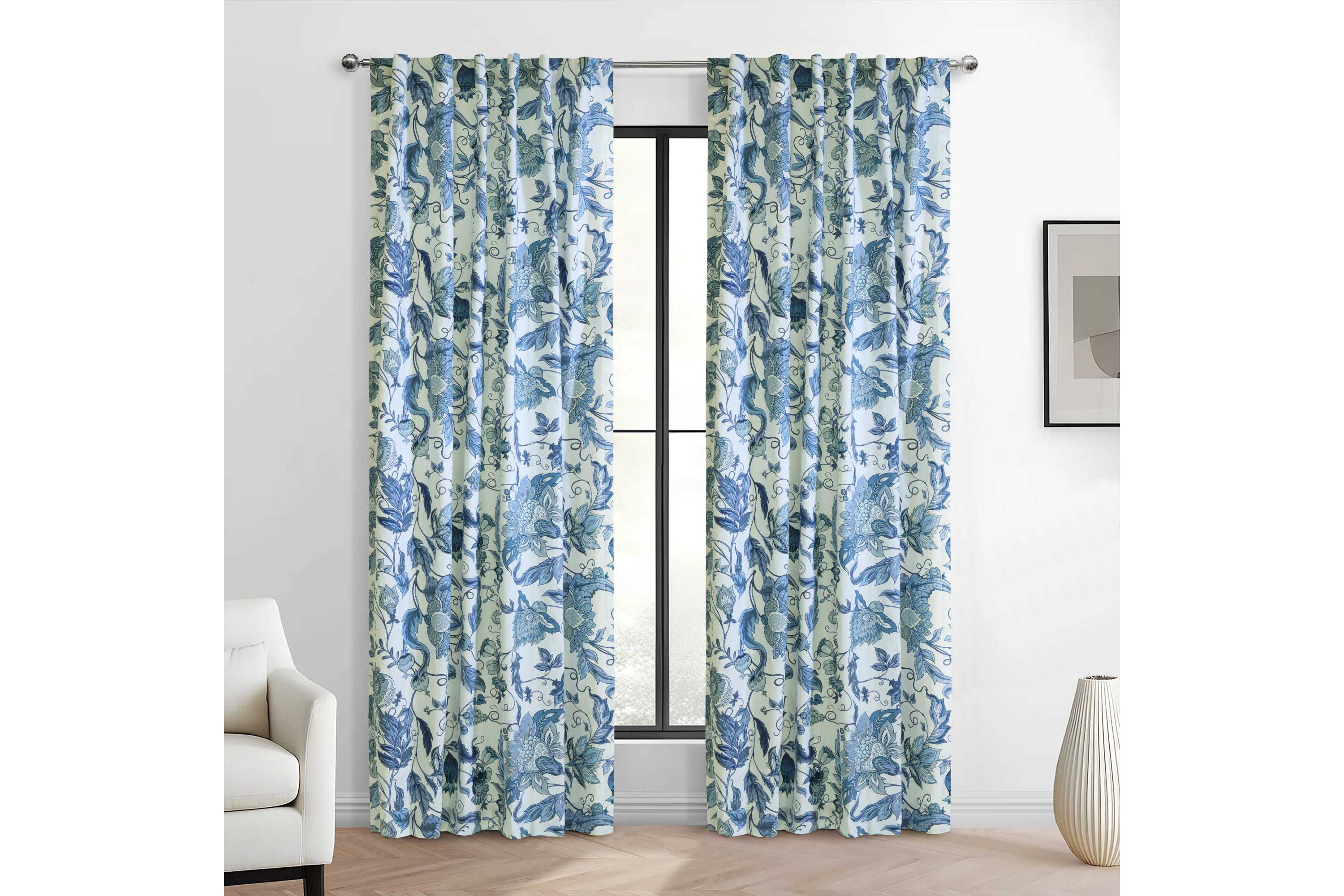 Jacobean Garden Light Filtering Dual Header Curtain Panel 52 x 95 in Blue