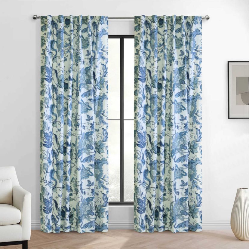 Jacobean Garden Light Filtering Dual Header Curtain Panel 52 x 95 in Blue