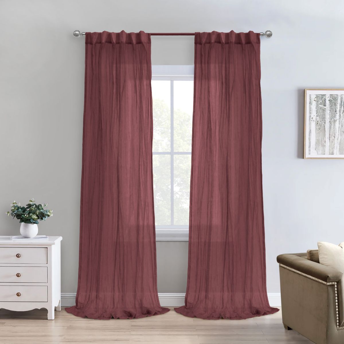 Paloma Sheer Dual Header Curtain Panel 52 x 95 in Burgundy