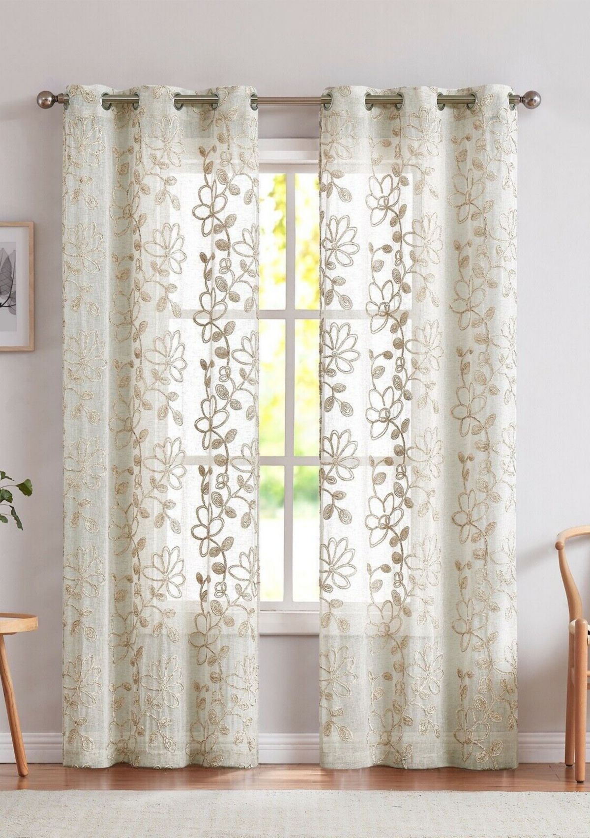 Rita Chenille Floral Embroidererd Linen Look Light Filtering Window Panel Pair