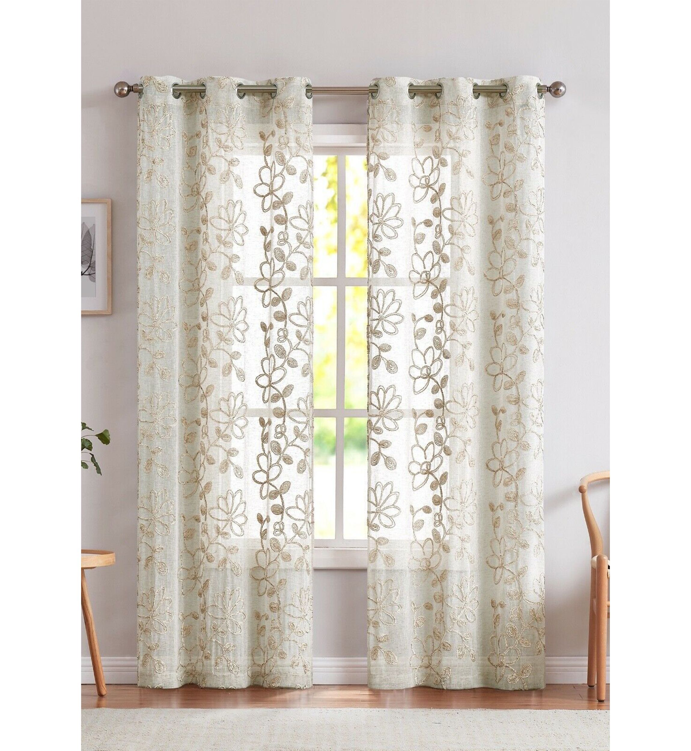 Rita Chenille Floral Embroidererd Linen Look Light Filtering Window Panel Pair