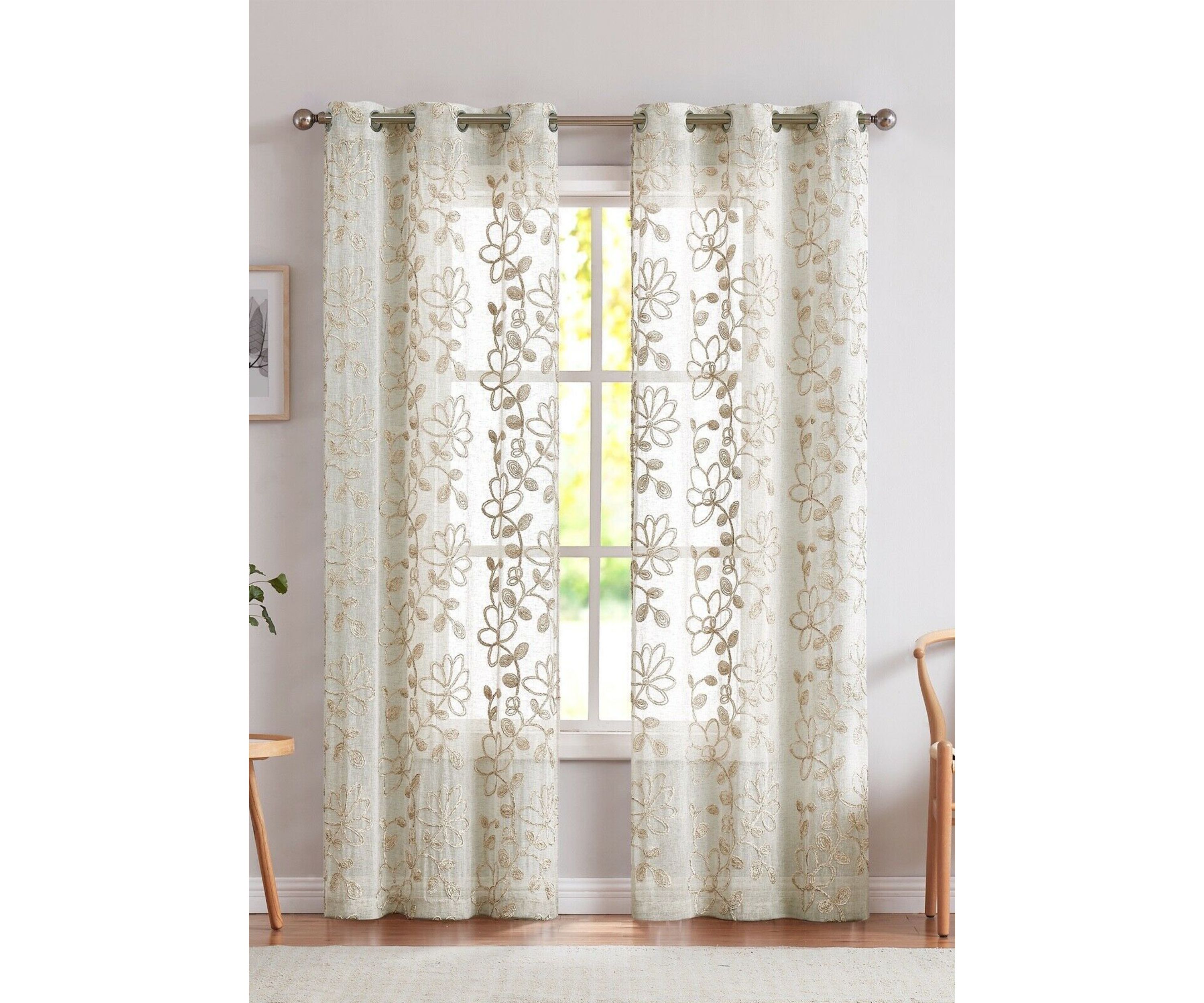 Rita Chenille Floral Embroidererd Linen Look Light Filtering Window Panel Pair