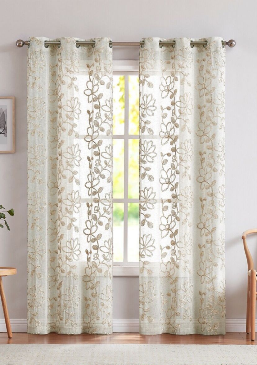 Rita Chenille Floral Embroidererd Linen Look Light Filtering Window Panel Pair