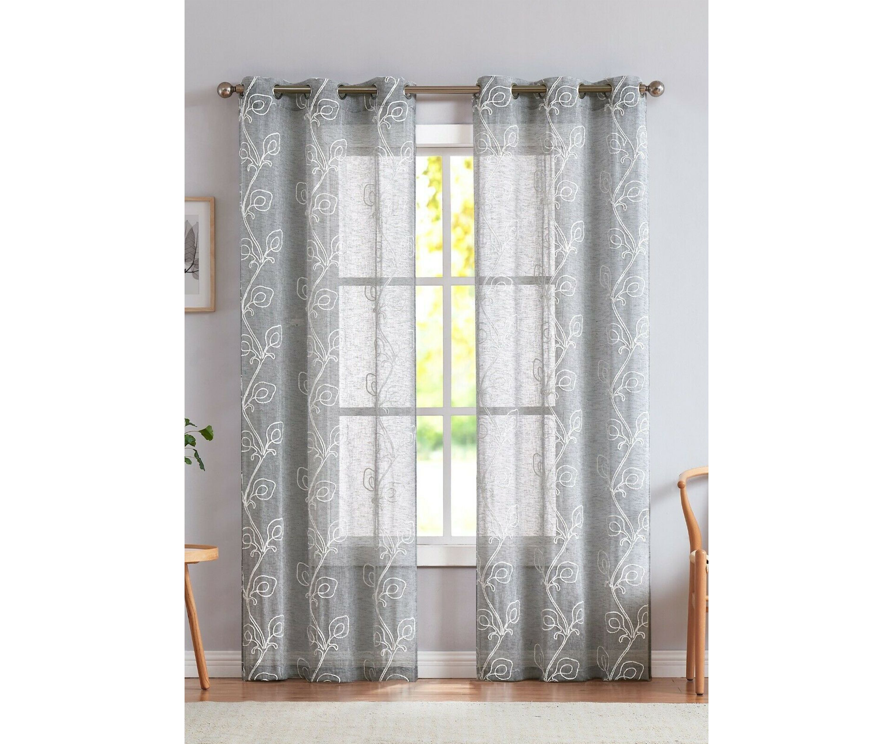 Stella Chenille Floral Embroidererd Linen Look Light Filtering Window Panel Pair