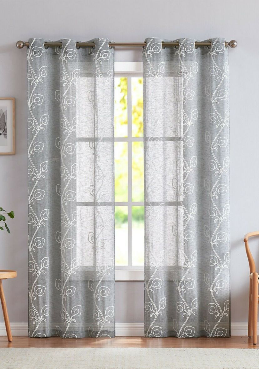 Stella Chenille Floral Embroidererd Linen Look Light Filtering Window Panel Pair