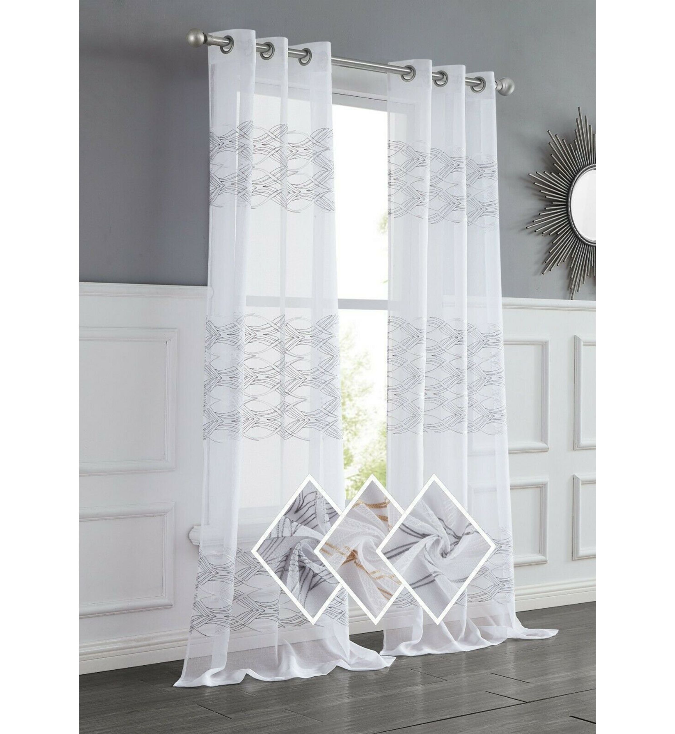 New Wave 3D Wave Embroidered Linen Look Light Filtering Window Panel Pair