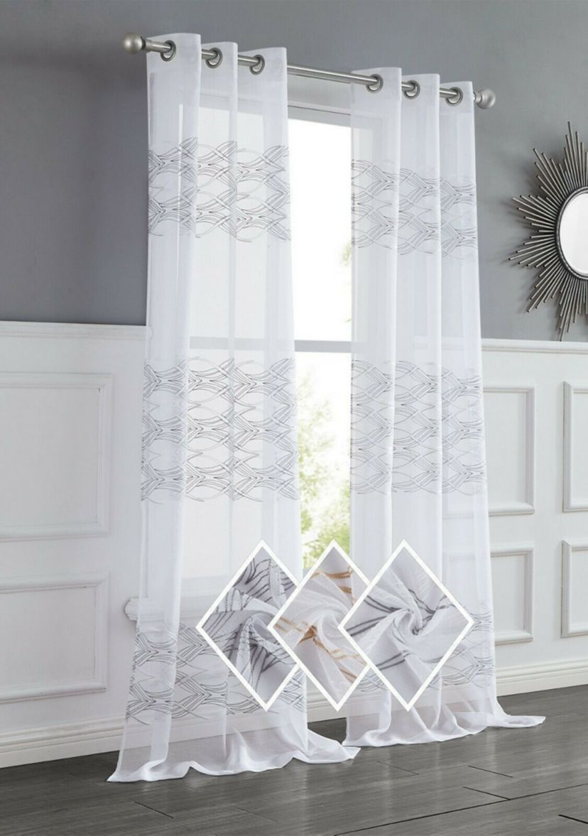 New Wave 3D Wave Embroidered Linen Look Light Filtering Window Panel Pair